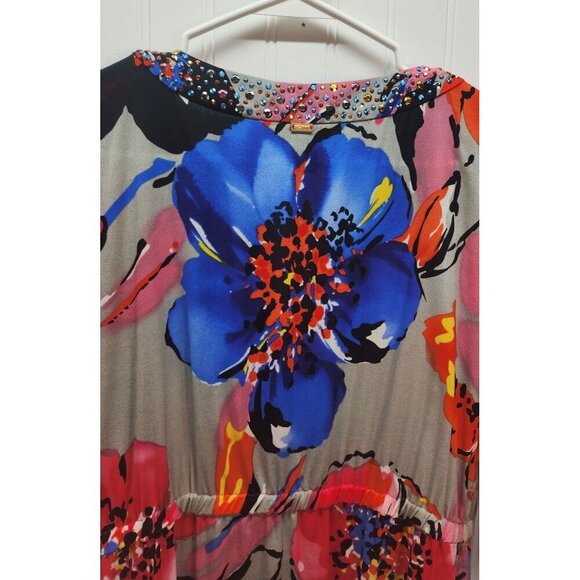 St. John Floral Tunic Dress With Rhinestone Accents Size P Silk Blend - Picture 6 of 15